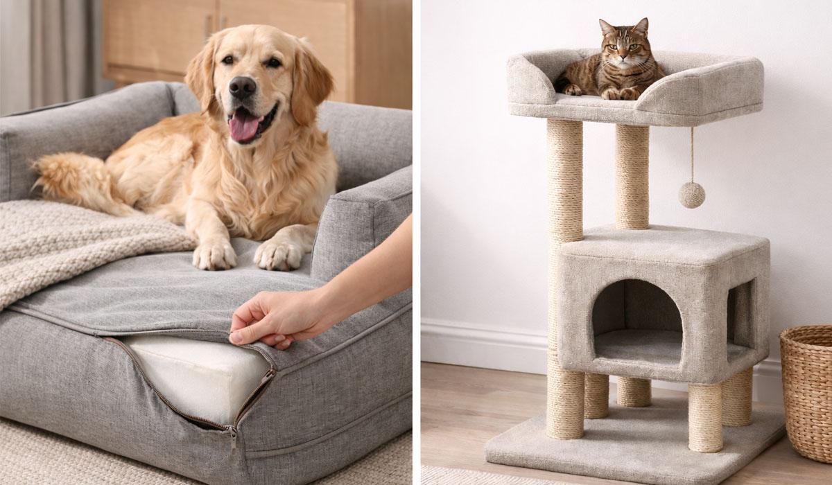 pet furniture lifestyle photo showing dog bed and cat tree for wholesale OEM