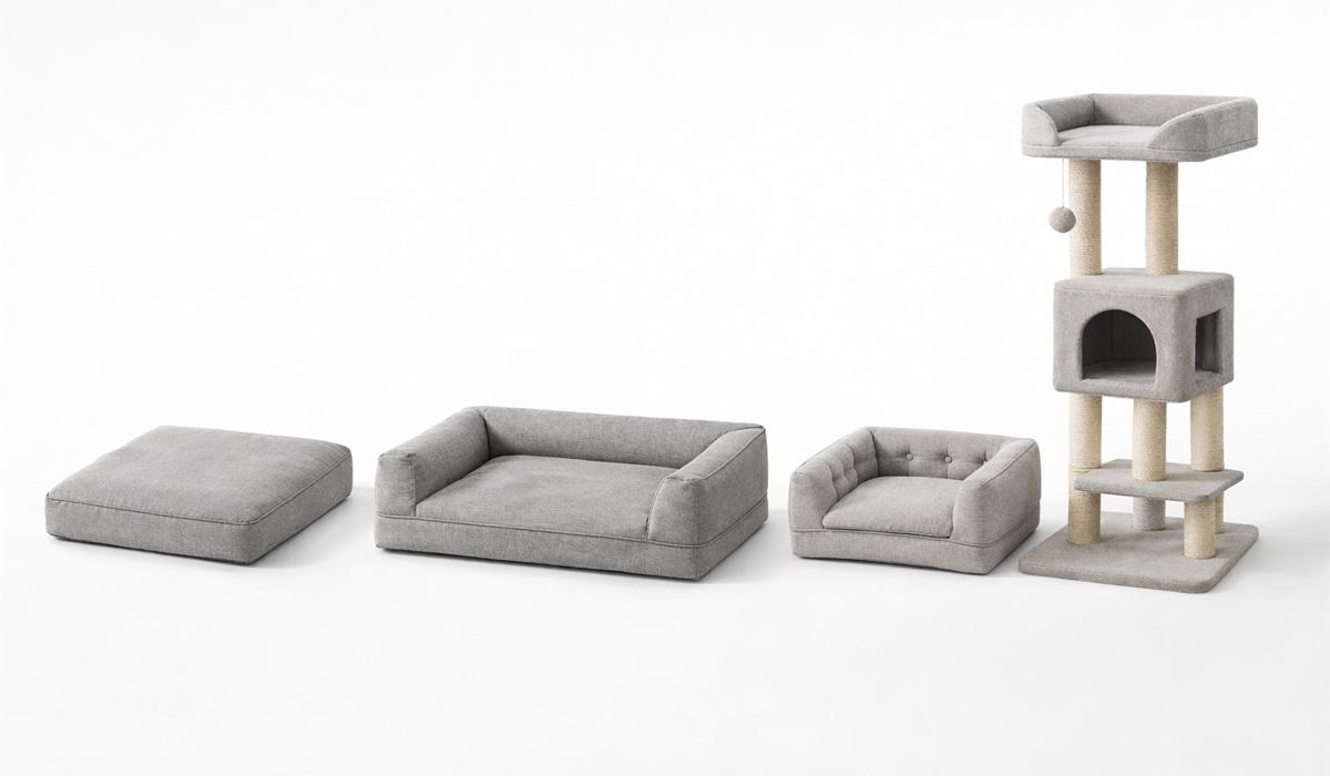 pet furniture assortment lineup with dog beds and cat trees for wholesale private label