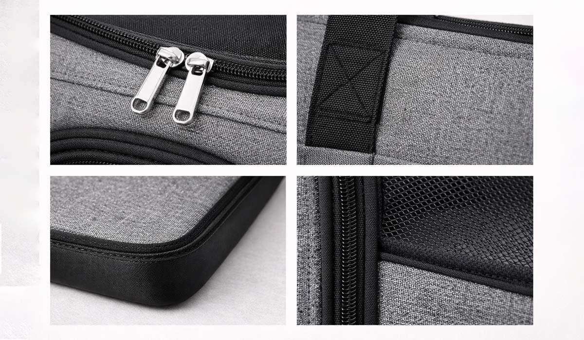 Pet carrier finish details zipper pull reinforced handle stitching mesh binding structured base