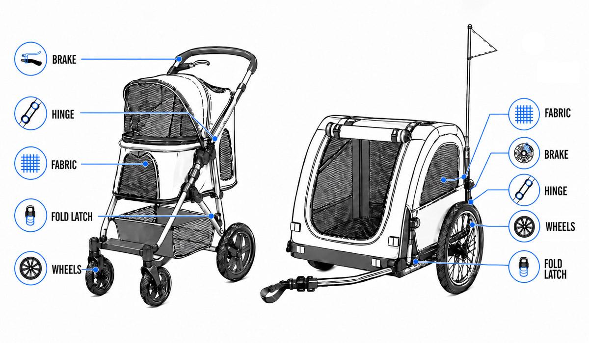 Buyer checkpoints on pet stroller and pet trailer wheels brakes frame fabric folding latch