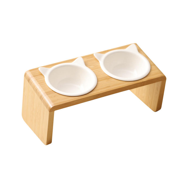 Bamboo ceramic double bowl feeder stand